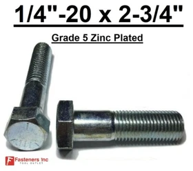 1/4-20 x 2-3/4" (PT) Hex Bolt Zinc Plated Grade 5 Cap Screw Coarse Thread